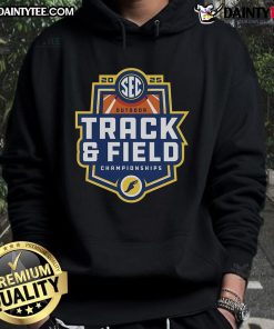 Official 2025 SEC Outdoor Track and Field Championships hoodie featuring team colors and logo.