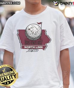 Alt Text: Official 2025 State Golf North Linn Lynx T-Shirt featuring team logo and vibrant colors for golf enthusiasts.