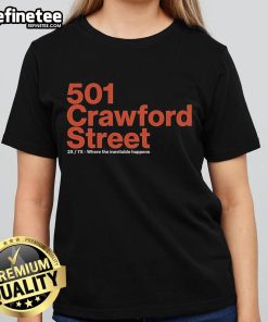 Official 501 Crawford Street Ladies Tee featuring 'Where The Inevitable Happens' design in stylish graphic print.