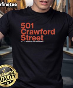 Official 501 Crawford Street 2X 7X T-Shirt featuring 'Where The Inevitable Happens' design in bold print.