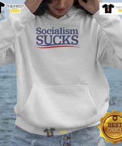 Adrianne Curry wearing a 'Socialism Sucks' hoodie, showcasing her bold political statement in casual fashion.