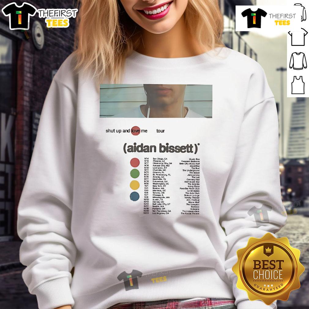 Official Aidan Bissett Shut Up And Love Me Tour 2025 Sweatshirt Alt Text: Aidan Bissett 2025 Shut Up And Love Me Tour sweatshirt in black, featuring bold tour graphics and a cozy design.