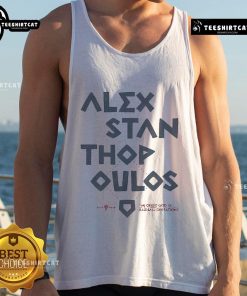 Alt Text: Official Alex Stanthopoulos tank top featuring 'The Greek God of Baseball Operations' design for fans and collectors.