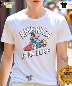 Official America Is Da Bomb T-Shirt featuring bold patriotic design and vibrant colors, perfect for expressing national pride.