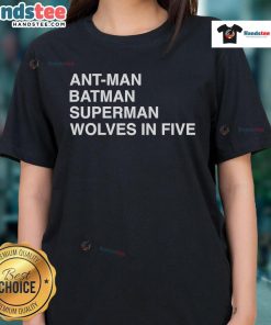 Alt Text: Official Ant-Man, Batman, and Superman graphic on a stylish Wolves in Five ladies tee for superhero fans.