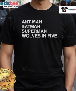 Official Ant-Man Batman Superman Wolves In Five T-Shirt featuring superhero graphics and vibrant colors for fans.