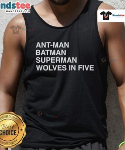 Official Ant-Man, Batman, Superman Wolves in Five tank top featuring superhero graphics and vibrant colors.