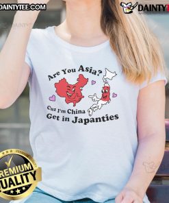Funny ladies tee featuring 'Are You Asia Cuz I'm China' design, perfect for casual wear and Asian culture enthusiasts.