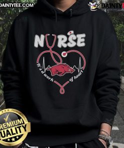 Official Arkansas Razorbacks Nurse hoodie featuring 'It's A Work Of Heart' design, perfect for fans and healthcare workers.