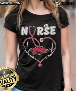 Alt Text: Official Arkansas Razorbacks Nurse It's A Work Of Heart Ladies Tee featuring vibrant team colors and heart design.