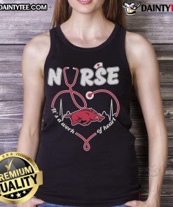 Official Arkansas Razorbacks nurse tank top featuring 'It's a Work of Heart' design, perfect for fans and healthcare workers.