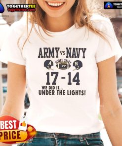 Official Army vs Navy Score 77-17-14 on ladies tee, celebrating the victory under the lights at the football game.