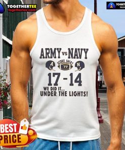 Official Army vs Navy score tank top featuring the score 77-17-14 under the lights design for fans.