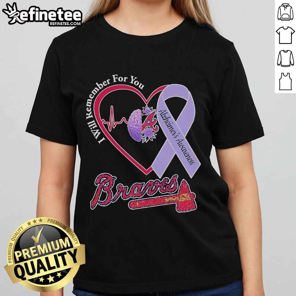 Official Atlanta Braves I Will Remember For You Alzheimer's Awareness Heartbeat Brain Ladies-Tee Alt Text: Official Atlanta Braves Alzheimer's Awareness tee featuring heartbeat and brain design, perfect for supporters.