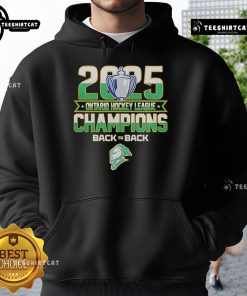 Official Back to Back London Knights 2025 Ontario Hockey League Champions hoodie featuring team colors and logo.