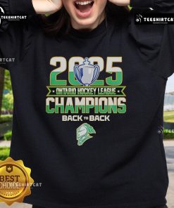 Official Back To Back London Knights 2025 Ontario Hockey League Champions Sweatshirt in green with team logo.
