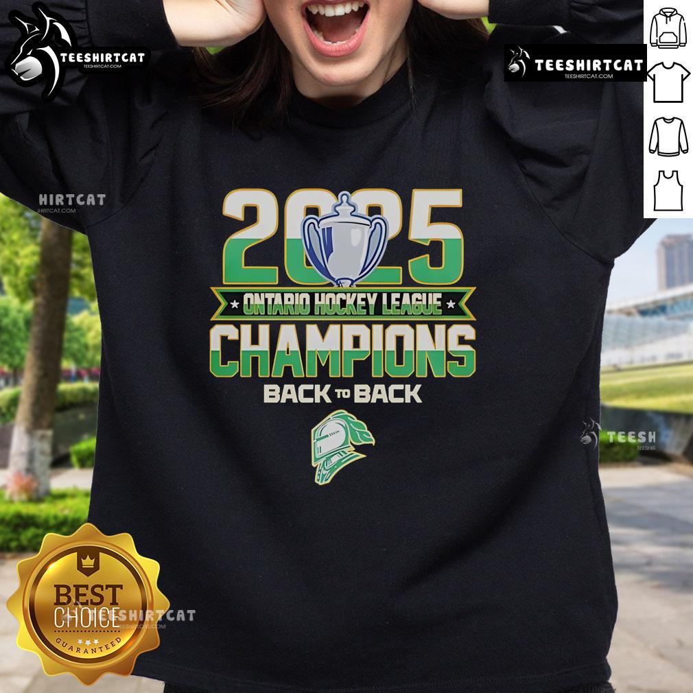 Official Back To Back London Knights 2025 Ontario Hockey League Champions Sweatshirt Official Back To Back London Knights 2025 Ontario Hockey League Champions Sweatshirt in green with team logo.