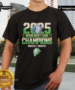 Alt Text: Official Back To Back London Knights 2025 OHL Champions T-Shirt featuring team logo and celebration design.
