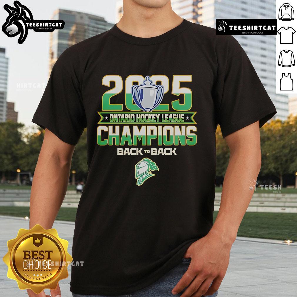 Official Back To Back London Knights 2025 Ontario Hockey League Champions T-Shirt Alt Text: Official Back To Back London Knights 2025 OHL Champions T-Shirt featuring team logo and celebration design.
