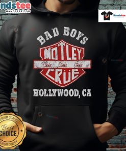 Official Bad Boys Motley Crue hoodie displayed in Hollywood, CA, showcasing iconic rock band style and design.