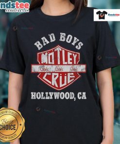 Official Bad Boys Motley Crue Hollywood CA ladies tee featuring iconic band logo and stylish design for fans.
