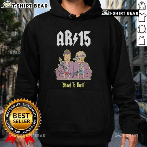 Alt Text: Official Beavis and Butt-Head AR-15 Shoot to Thrill hoodie featuring vibrant graphics on a cozy sofa background.