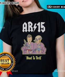 Alt Text: Official Beavis and Butthead AR-15 Shoot to Thrill ladies tee featuring vibrant graphics and stylish design.