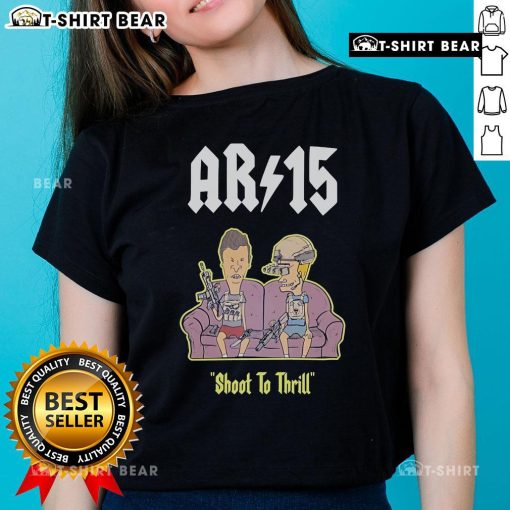 Alt Text: Official Beavis and Butthead AR-15 Shoot to Thrill ladies tee featuring vibrant graphics and stylish design.