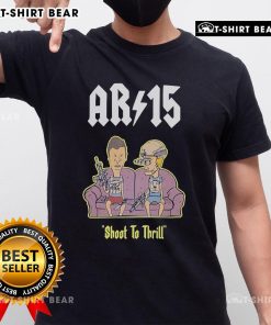 Official Beavis and Butthead AR 15 Shoot to Thrill sofa t-shirt featuring iconic characters in a playful design.