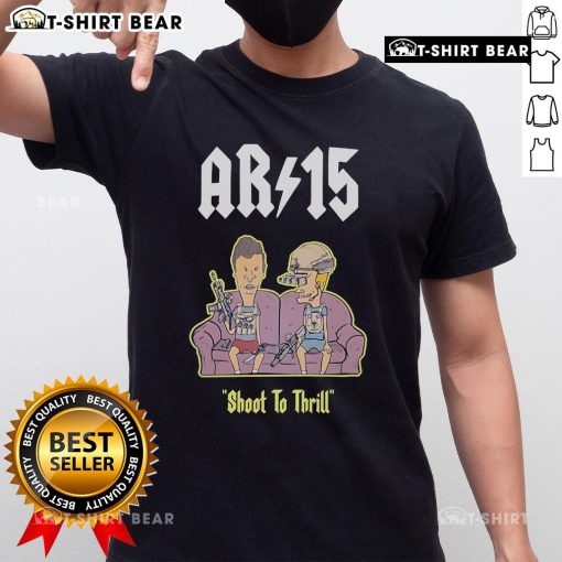 Official Beavis and Butthead AR 15 Shoot to Thrill sofa t-shirt featuring iconic characters in a playful design.