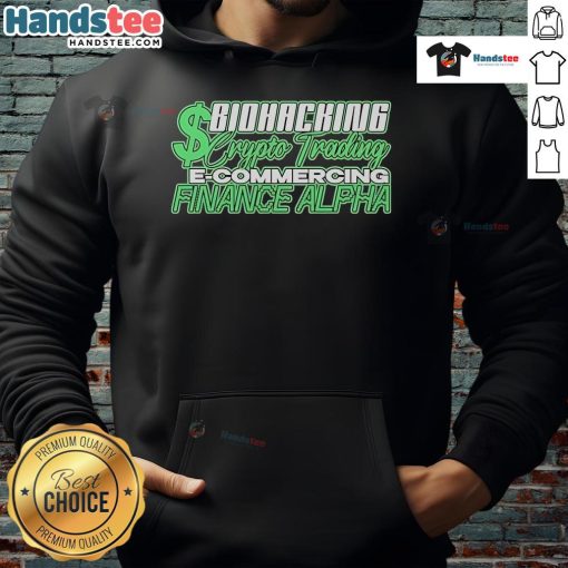 Stylish Official Biohacking Crypto Trading E-Commerce Finance Alpha Hoodie in black, perfect for tech-savvy entrepreneurs.