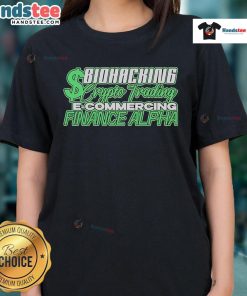 Official Biohacking Crypto Trading E-Commerce Finance Alpha Ladies Tee in vibrant colors, showcasing a stylish design.
