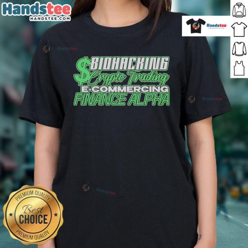 Official Biohacking Crypto Trading E-Commerce Finance Alpha Ladies Tee in vibrant colors, showcasing a stylish design.