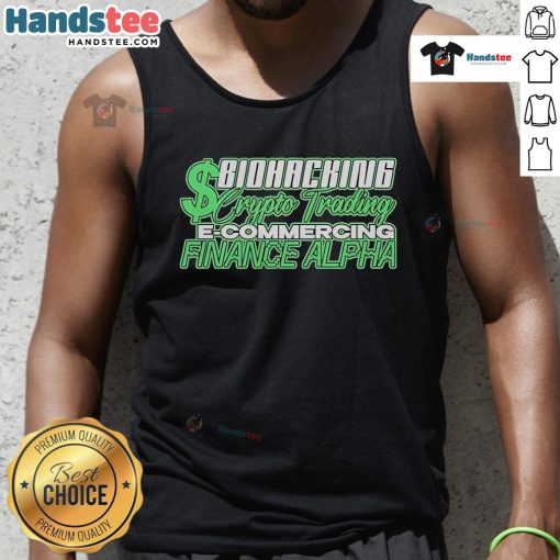 Official Biohacking Crypto Trading E-Commercing Finance Alpha Tank Top displayed on a model, showcasing modern style.