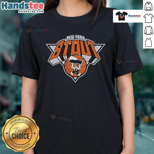 Alt Text: Official Blue Orange Basketball New York Stout Ladies Tee featuring vibrant colors and stylish design for fans.