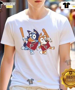 Alt Text: Official Bluey Atlanta Falcons Family Baseball T-Shirt featuring Bluey characters and Falcons logo for fans.