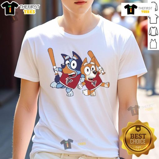 Alt Text: Official Bluey Atlanta Falcons Family Baseball T-Shirt featuring Bluey characters and Falcons logo for fans.