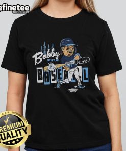 Official Bobby Baseball caricature on a stylish ladies tee, perfect for fans of fun baseball-themed apparel.
