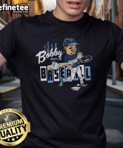 Alt Text: Official Bobby Baseball Caricature T-Shirt featuring a colorful cartoon design of a baseball player for fans.