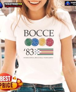 Alt Text: Ladies' tee from the Official Bocce 83 International Bocce Ball Tournament featuring vibrant design and logo.