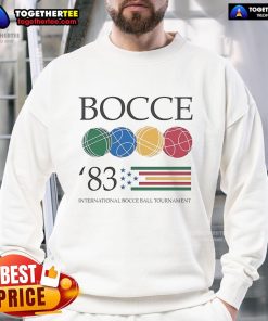 Alt Text: Official Bocce 83 International Bocce Ball Tournament sweatshirt featuring vibrant design and tournament logo.