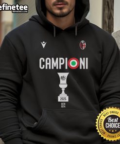 Bologna FC 1909 hoodie celebrating Coppa Italia Champions 2025, featuring bold graphics and team colors.