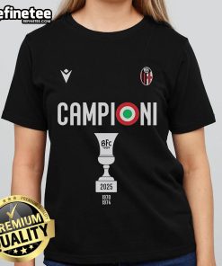 Official Bologna FC 1909 W3ar3on3 Campioni Coppa Italia Champions 2025 Ladies Tee celebrating victory.