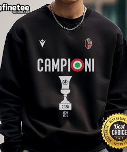 Official Bologna FC 1909 sweatshirt celebrating Coppa Italia Champions 2025, featuring bold team logo and vibrant design.