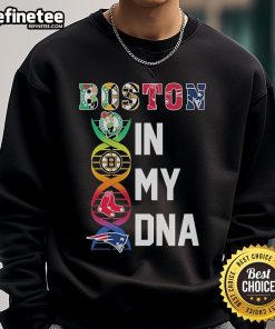 Official Boston Red Sox, Bruins, Celtics, Patriots sweatshirt showcasing 'Boston In My DNA' design for sports fans.