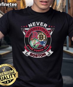 Official Boston Red Sox, Bruins, Celtics, Patriots T-Shirt featuring team logos in vibrant colors for sports fans.