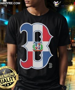 Alt Text: Official Boston Red Sox Dominican Republic Flag Logo T-Shirt featuring vibrant colors and bold team branding.