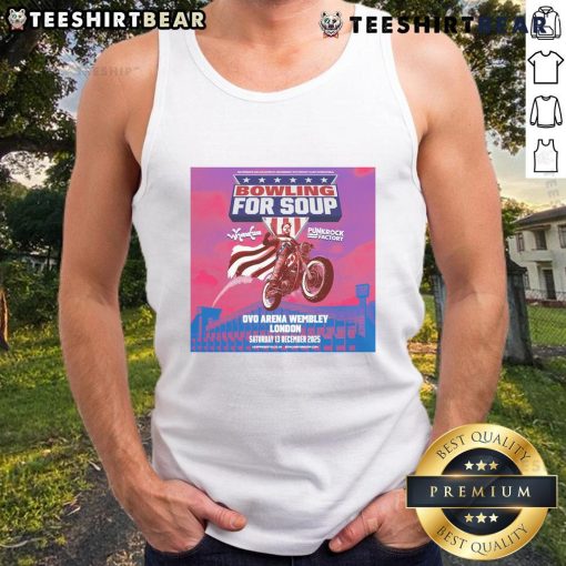 Official Bowling For Soup London Tour OVO Arena 13 Dec 2025 Motor Tank Top featuring vibrant band graphics and tour details.