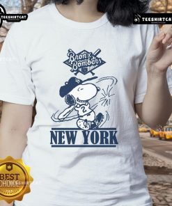 Alt Text: Official Bronx Bombers Snoopy New York Yankees baseball ladies tee featuring fun Snoopy graphic design.