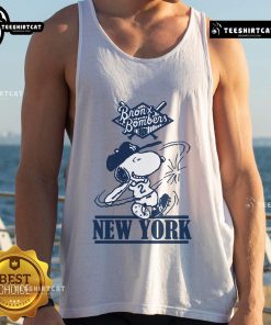 Official Bronx Bombers Snoopy New York Yankees baseball tank top featuring Snoopy in Yankees gear.